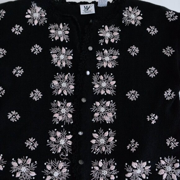 Vintage Maggie Lawrence Black Pink Embroidered Floral Button Cardigan Sweater M - Picture 7 of 12